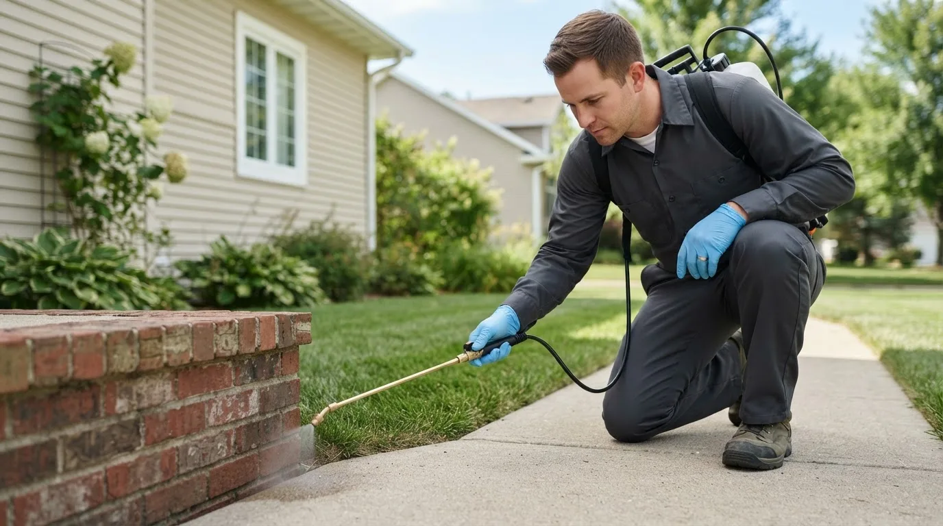 Pest control technician treating a home near Dodge Center, MN