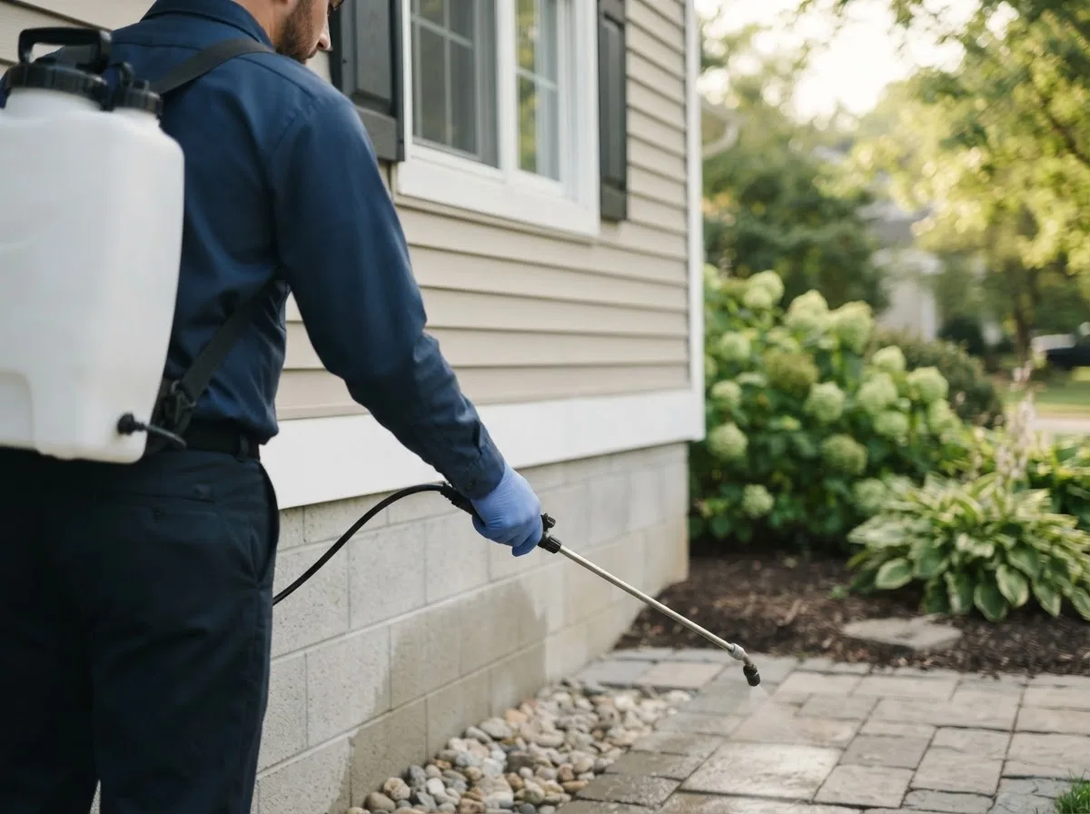 Pest control technician inspecting a home in Dodge Center, MN